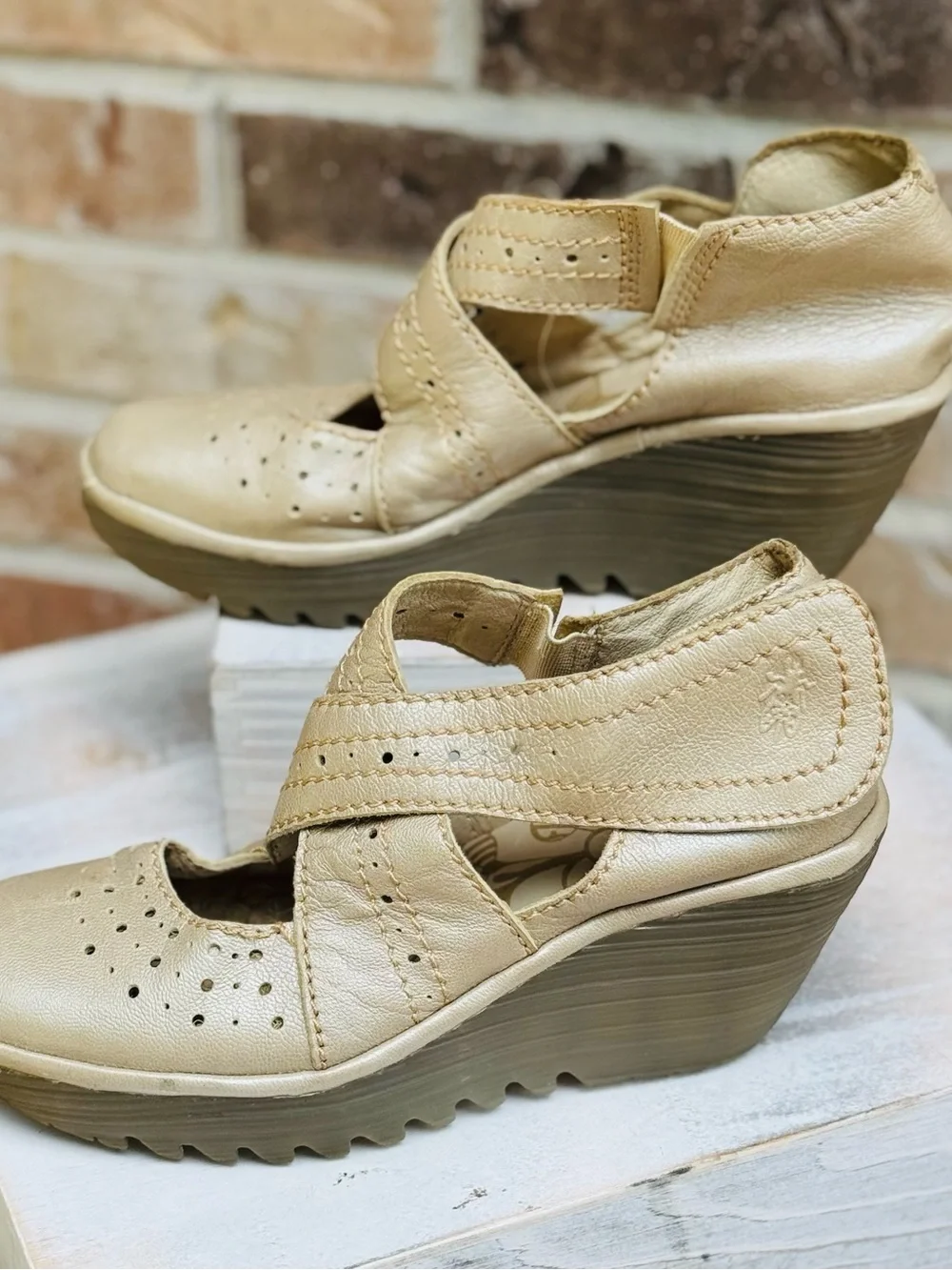 Fly London Gold-Beige Leather Wedge Sandals